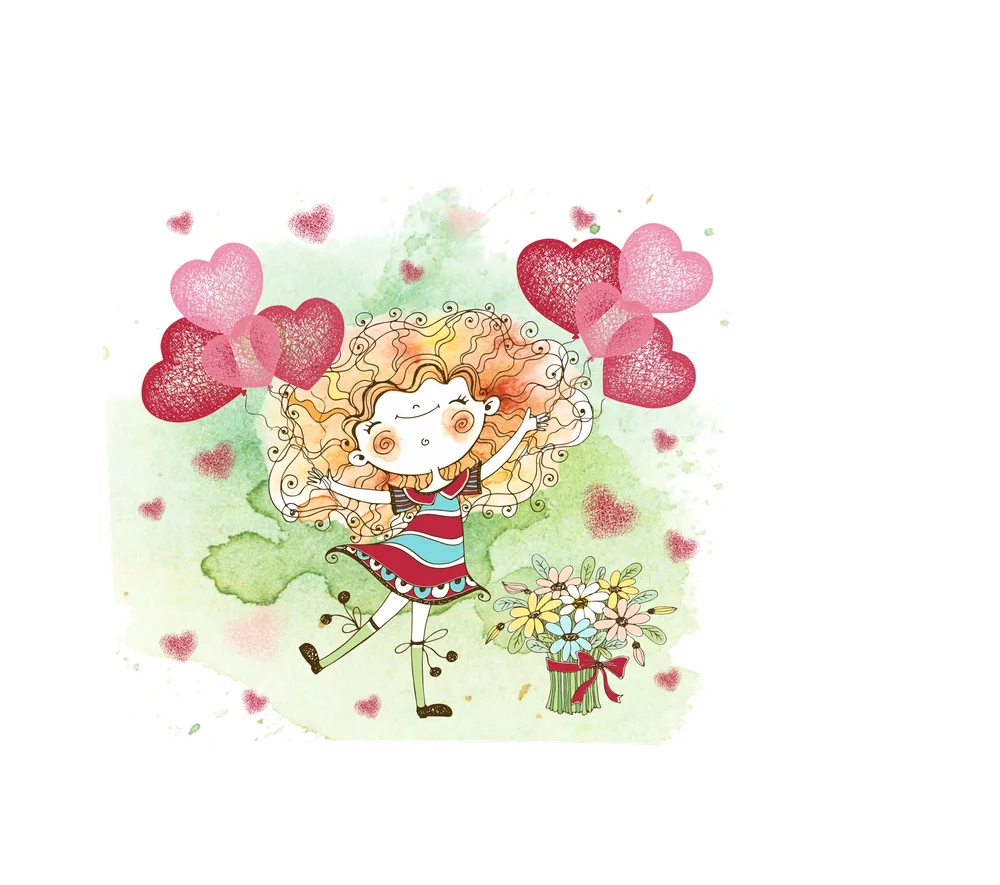 Whimsical Girl With Heart Balloons — Multicolor Watercolor