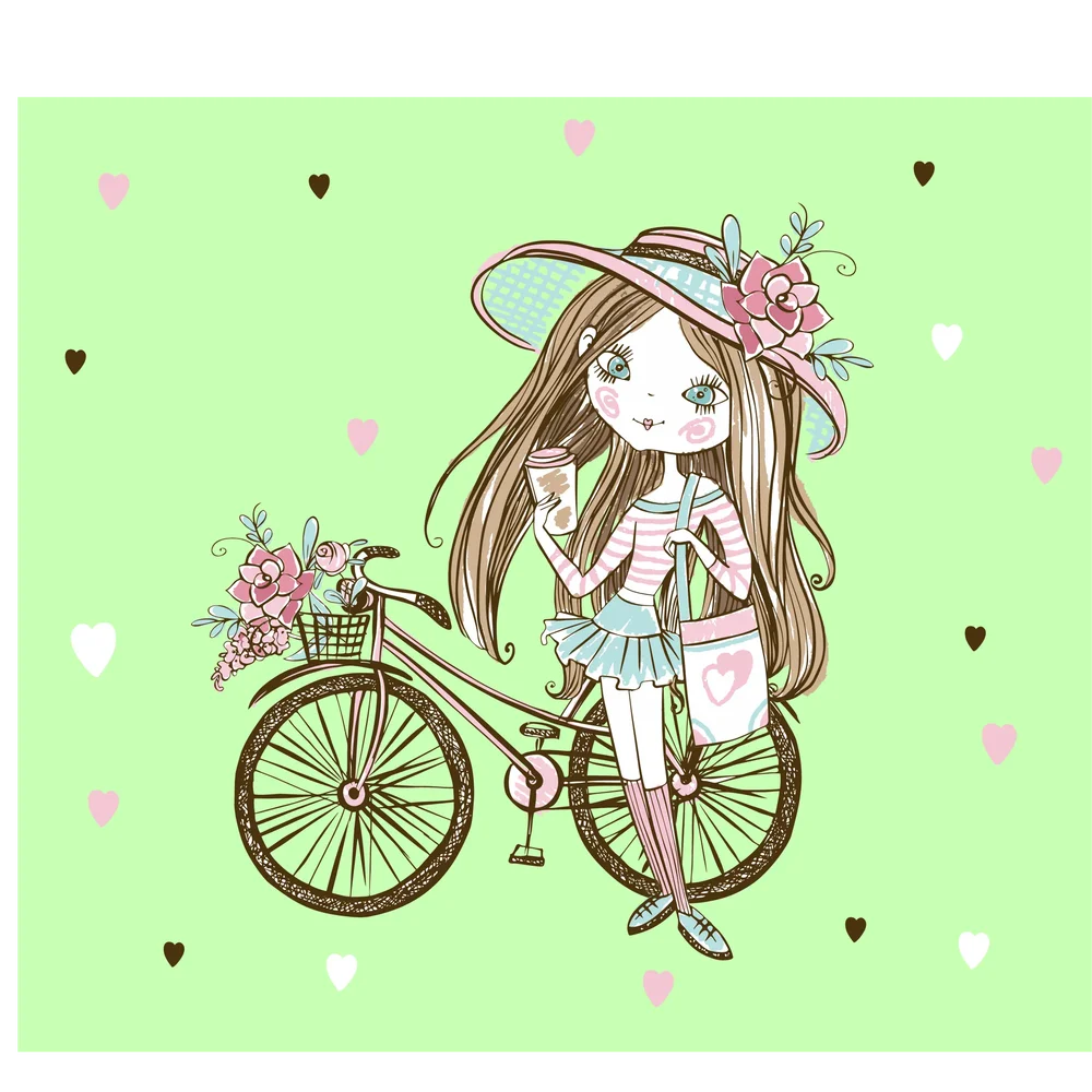 Girl On Bicycle Floral Hearts