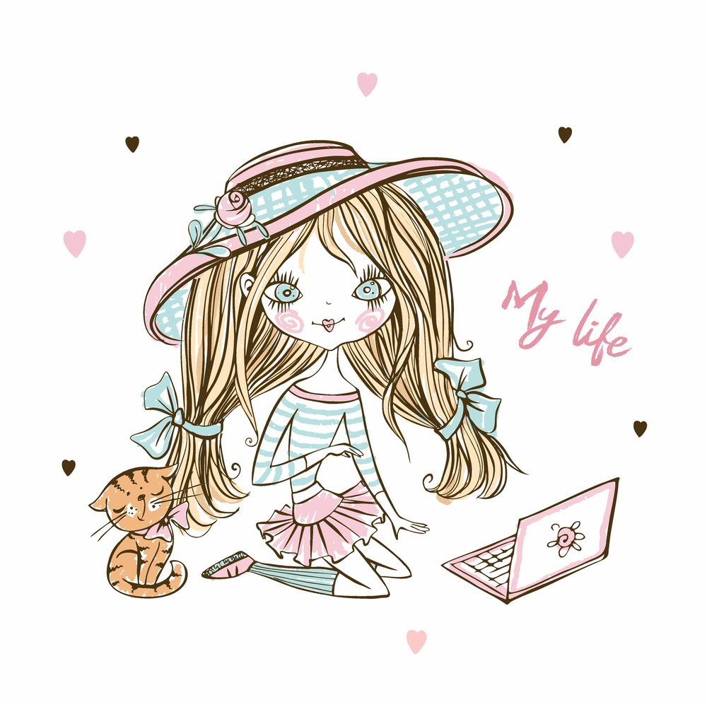 Girl Life Illustration With Cat