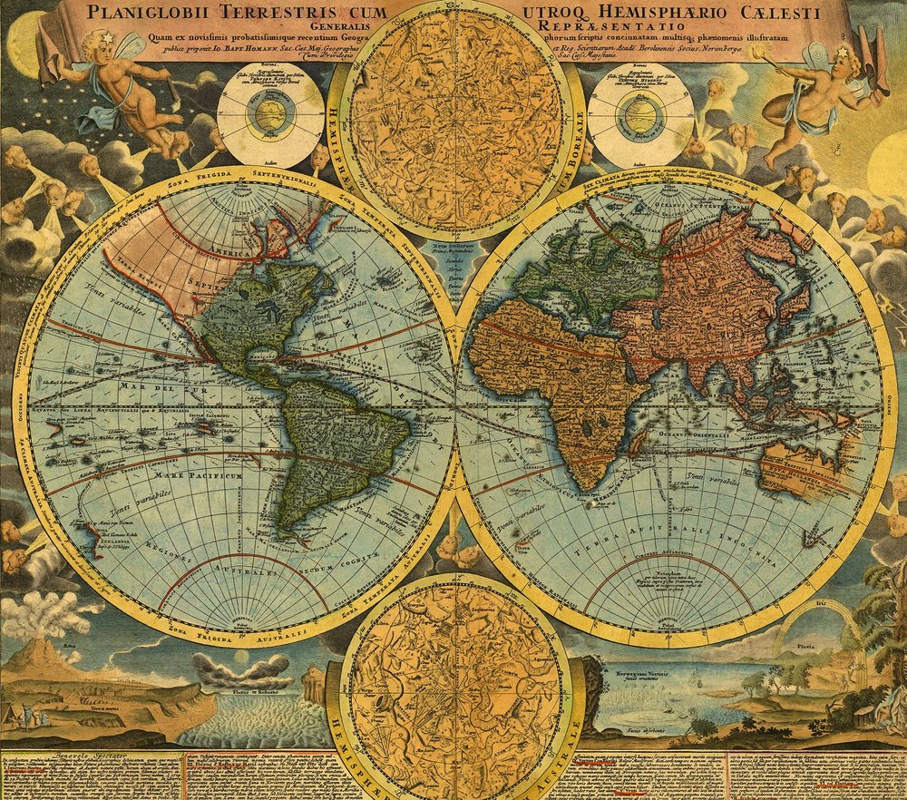 Antique World Map Hemispheres