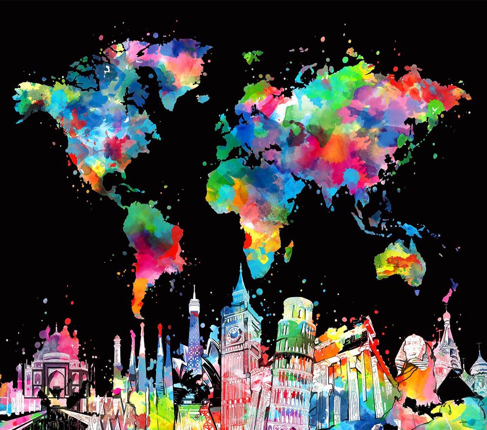 Watercolor World Map with Landmarks