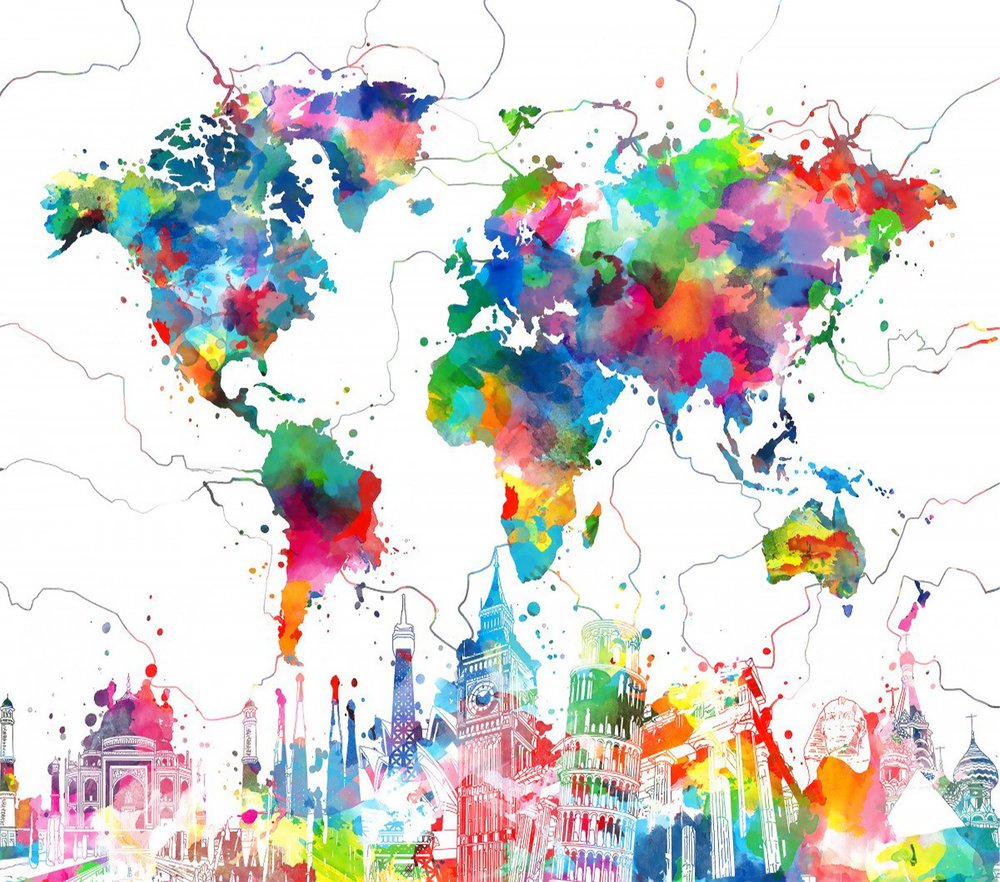 World Map Watercolor Landmarks