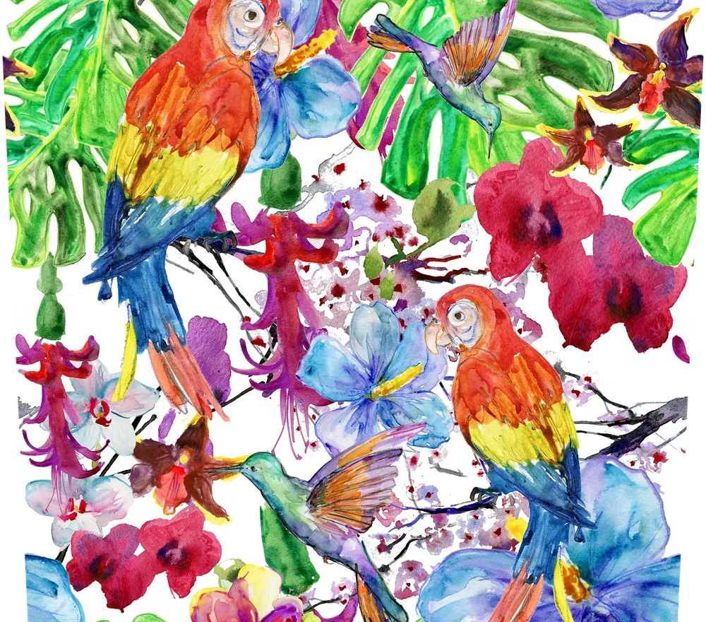 Tropical Birds and Flowers Watercolor