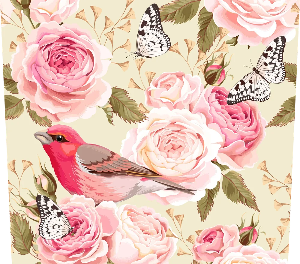 Pink Roses Birds Butterflies Garden