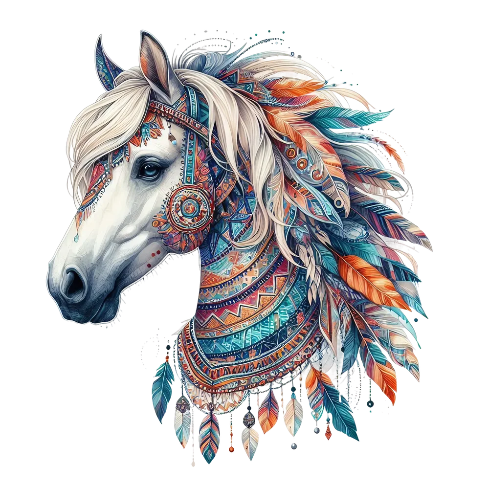 Boho Horse Head with Feathers — Multicolor Artistic