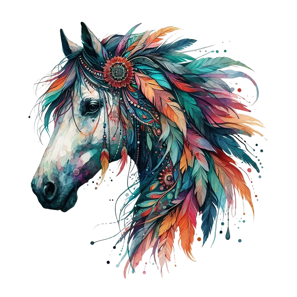 Boho Horse With Feathers — Multicolor Watercolor