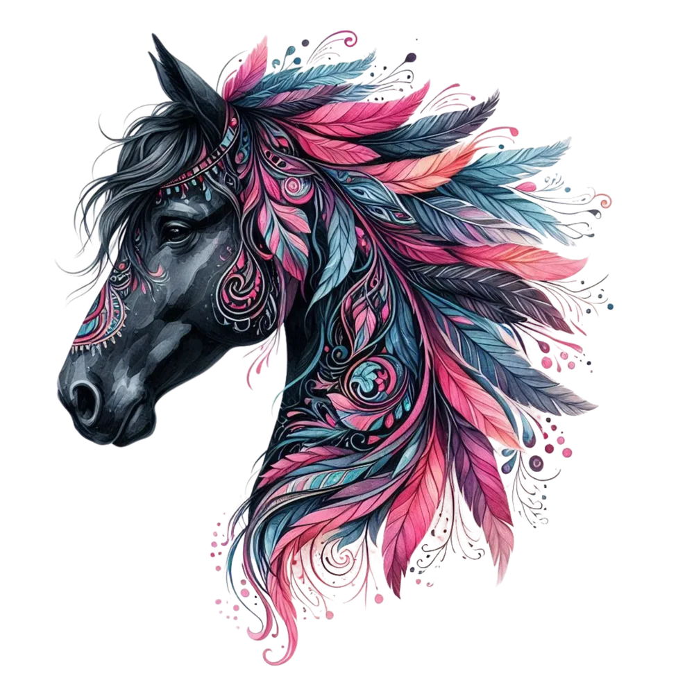 Boho Horse Head With Feathers — Multicolor Watercolor