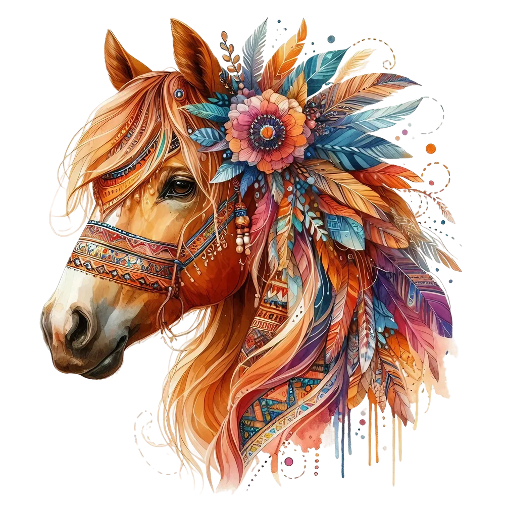 Boho Horse With Feathers — Multicolor Watercolor 2