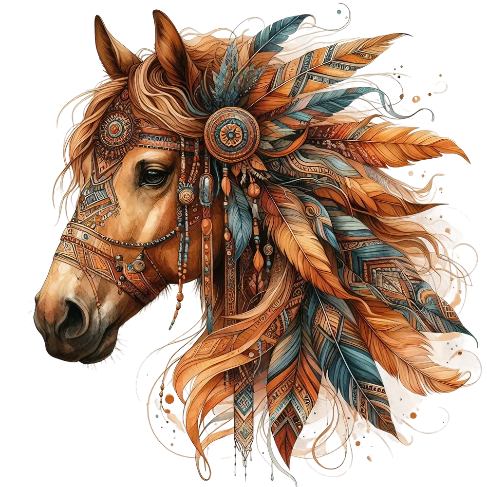 Boho Horse Head with Feathers — Multicolor Boho