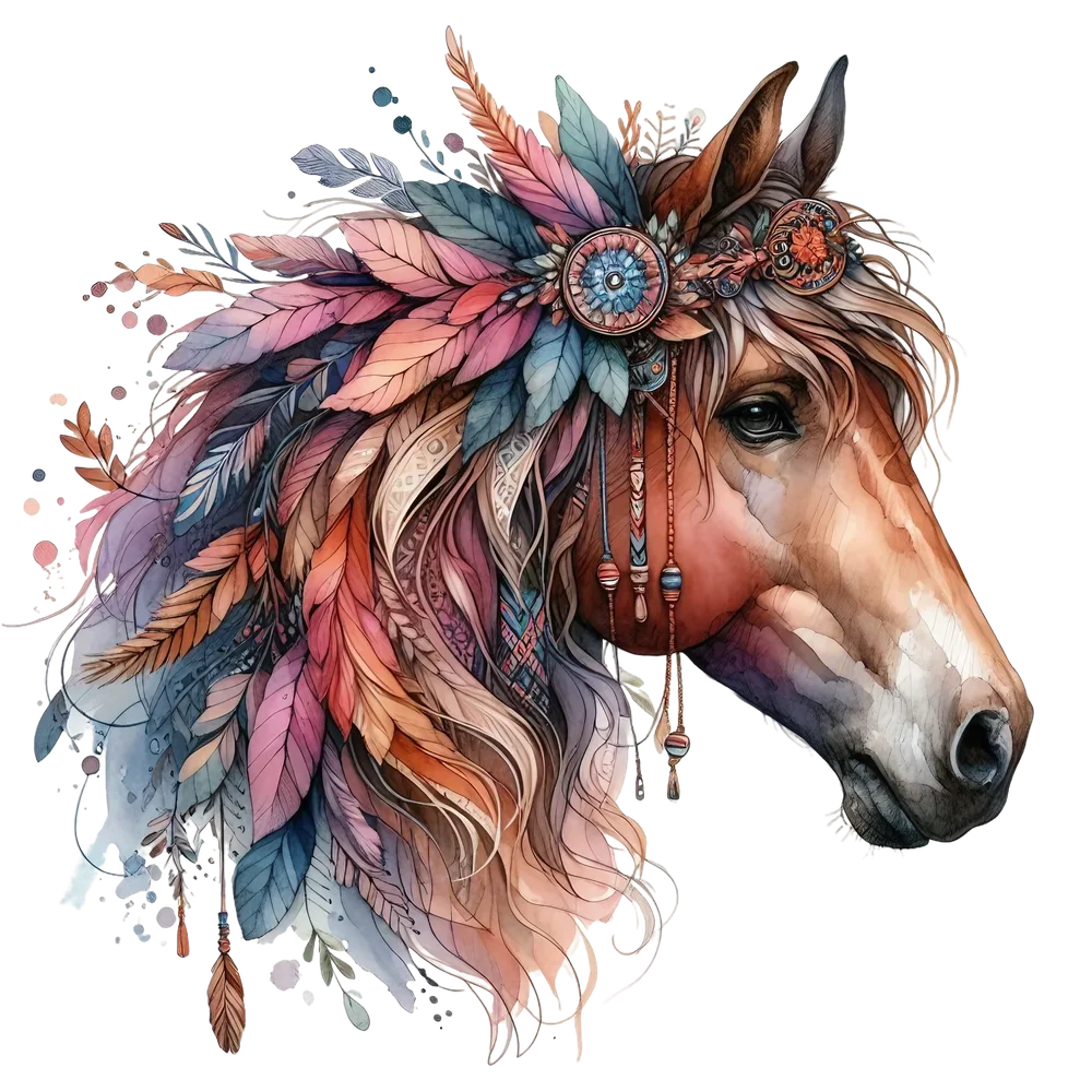Boho Horse Head with Feathers — Multicolor Watercolor 2
