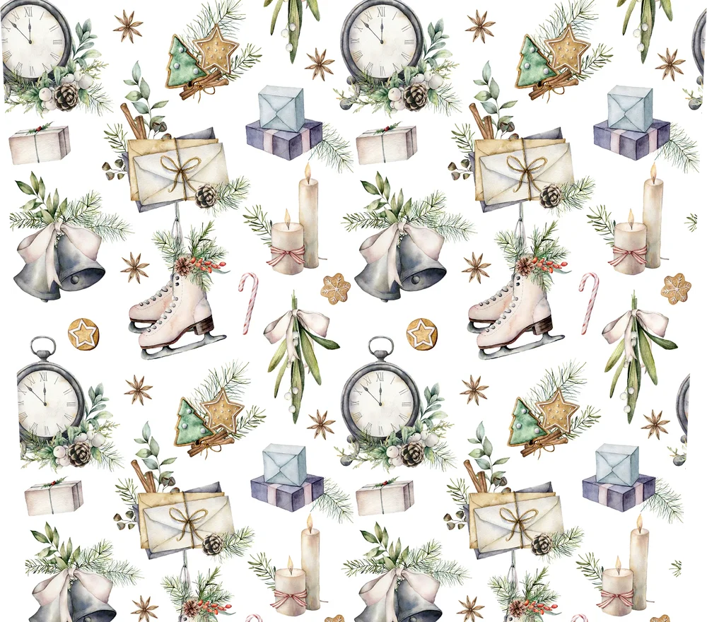 Vintage Christmas Seamless — White Watercolor