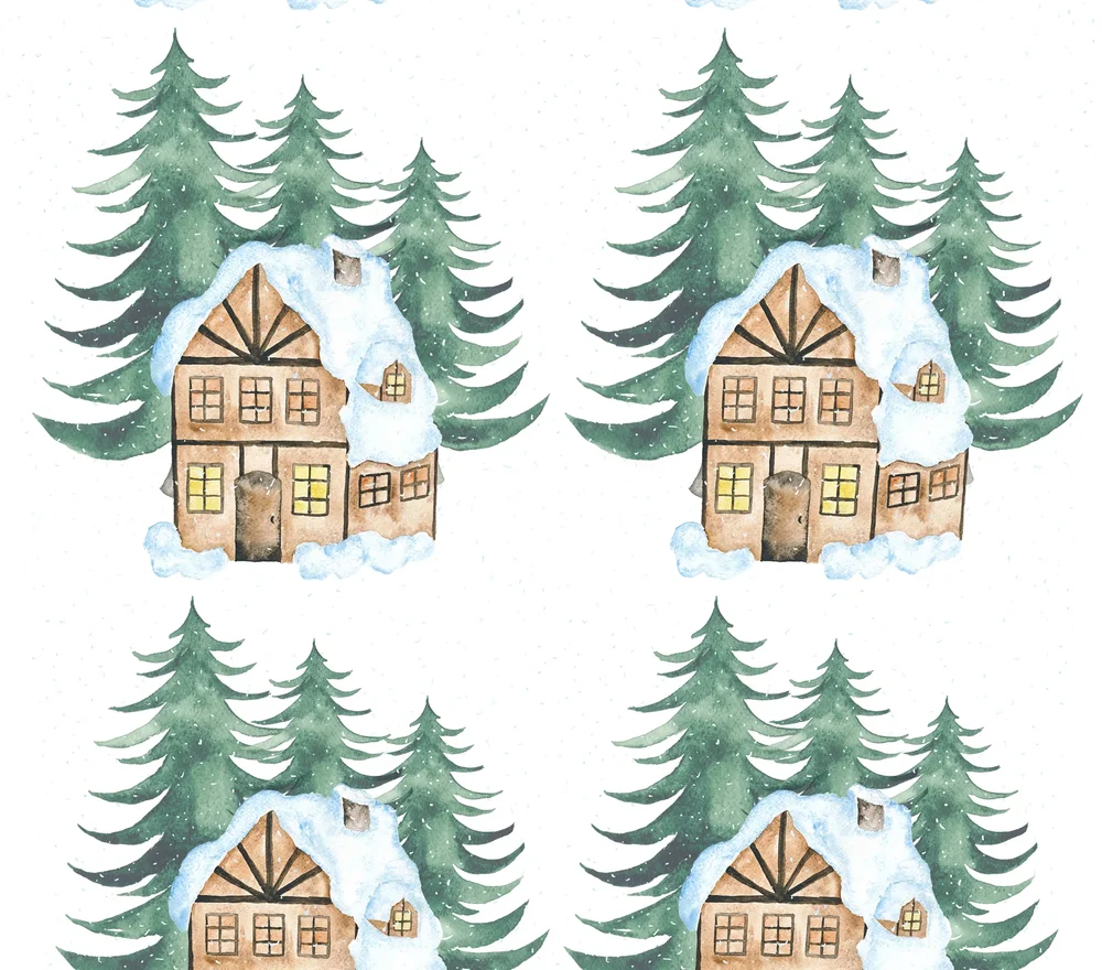 Snowy Cottage Winter Forest Repeat