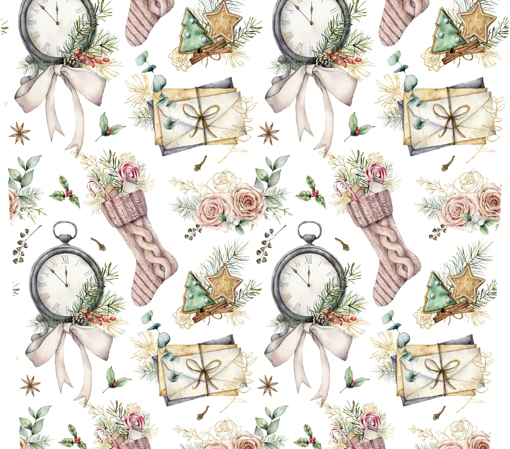 Vintage Christmas Seamless — White Watercolor 2