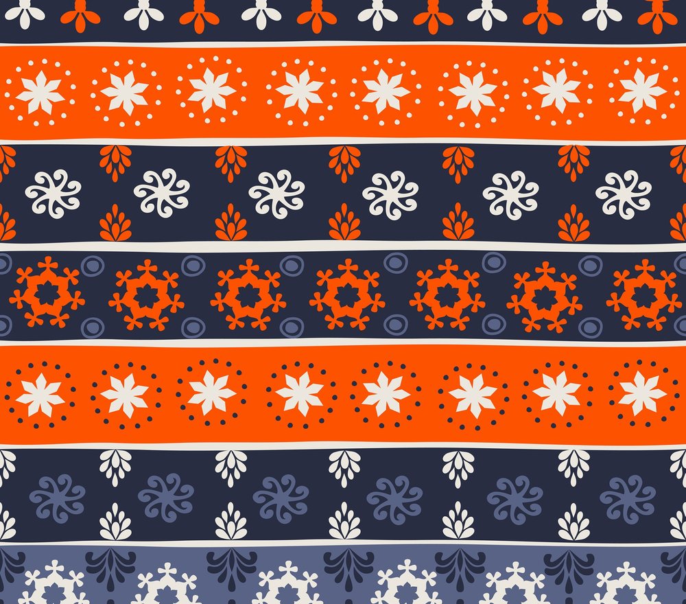 Orange Navy Floral Stripe Pattern
