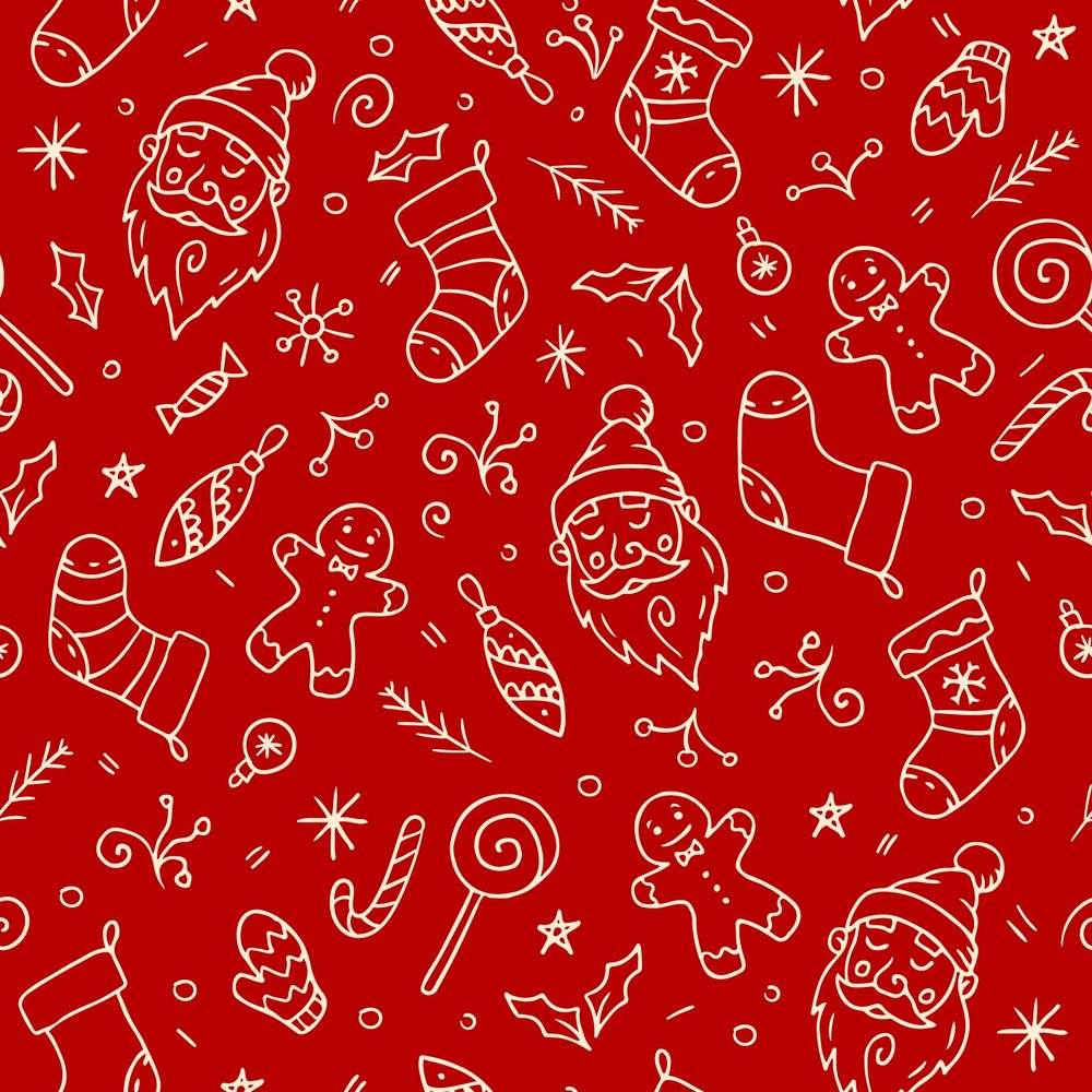 Christmas Doodle Seamless Pattern — Red Line Art