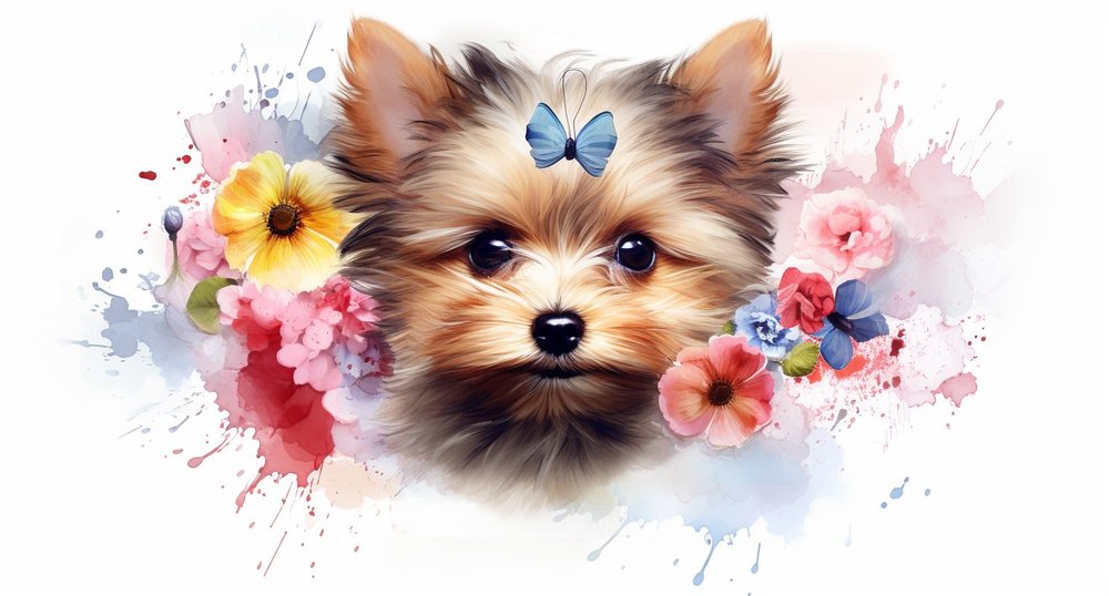 Watercolor Yorkshire Terrier Puppy Floral
