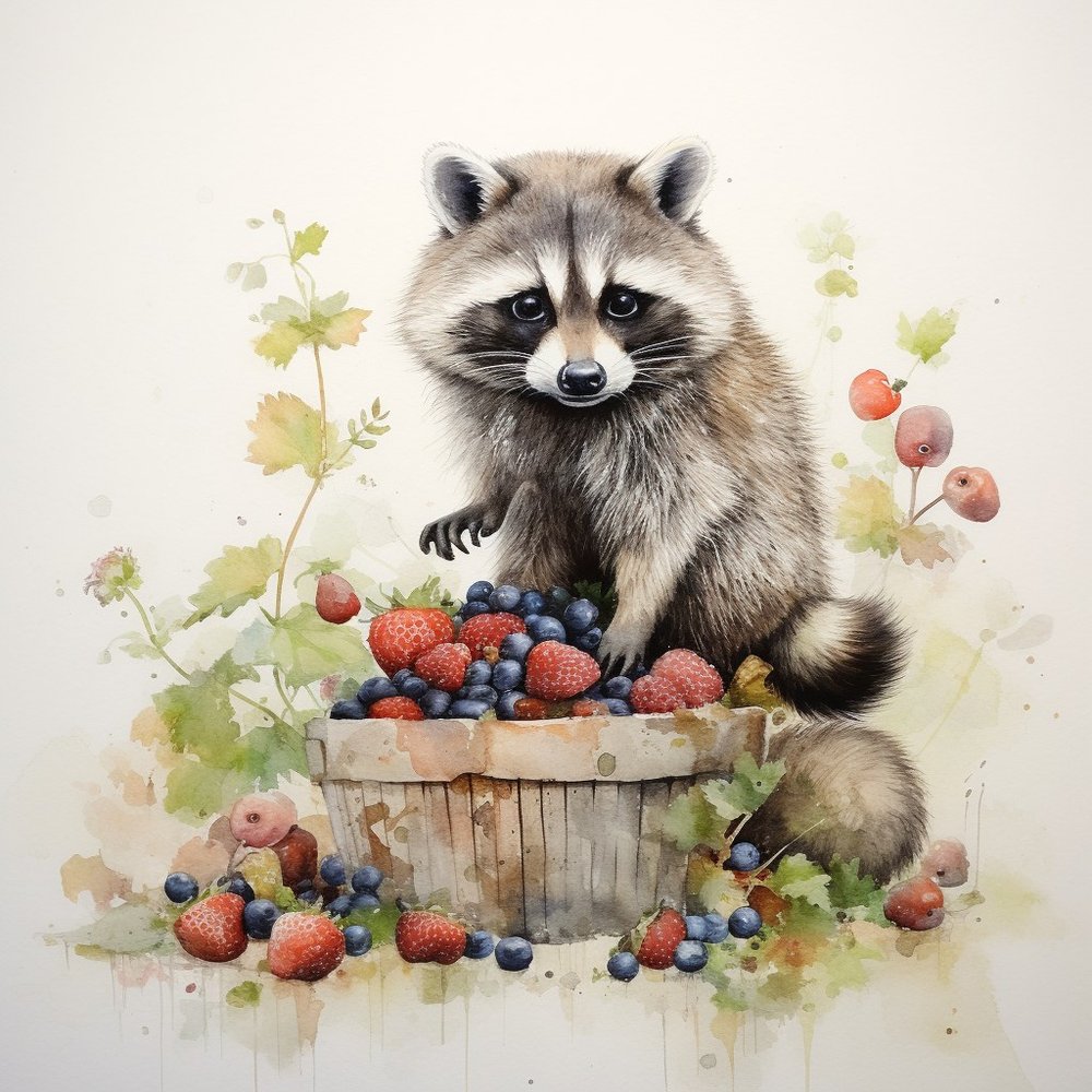 Whimsical Raccoon Berries Watercolor
