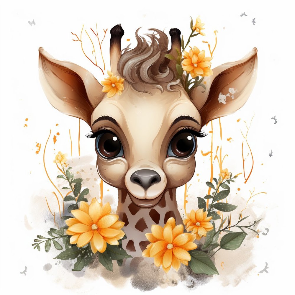 Cute Baby Giraffe with Flowers