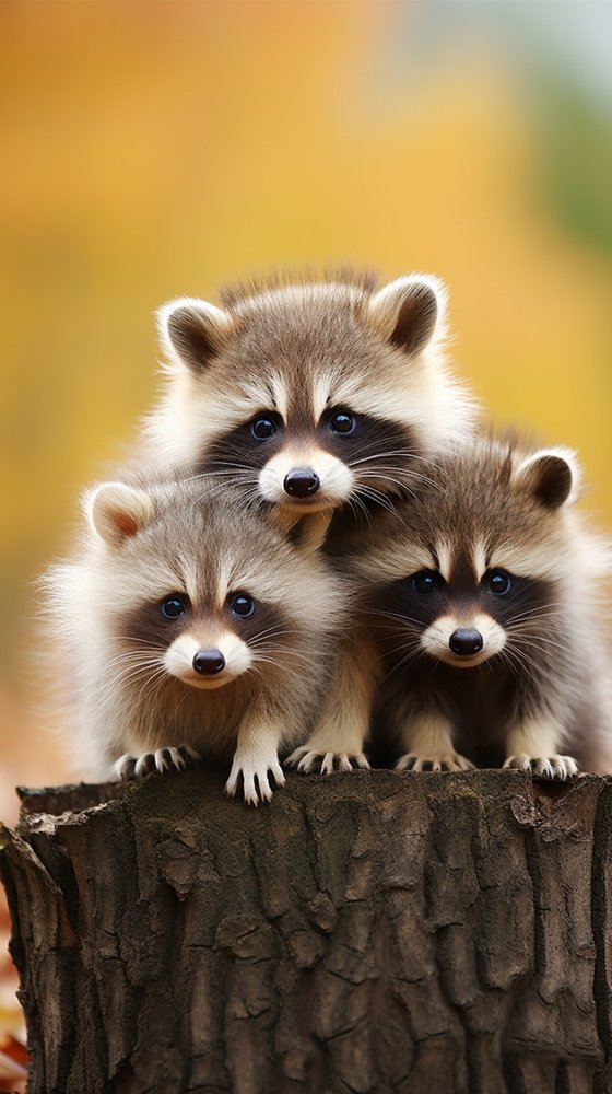 Three Baby Raccoons Portrait