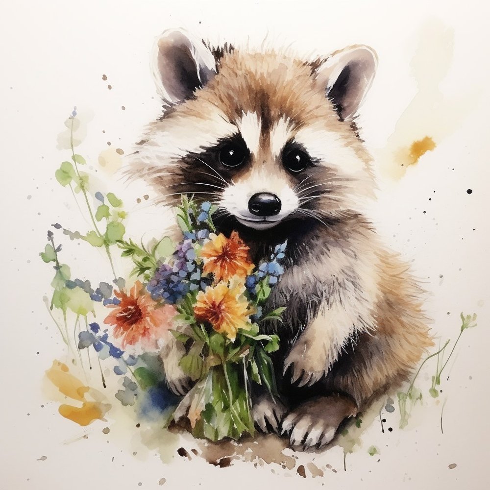 Raccoon With Flowers Watercolor