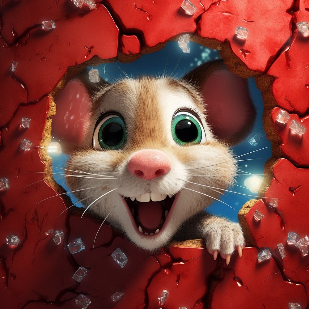 Cheerful Mouse Bursting Through Red