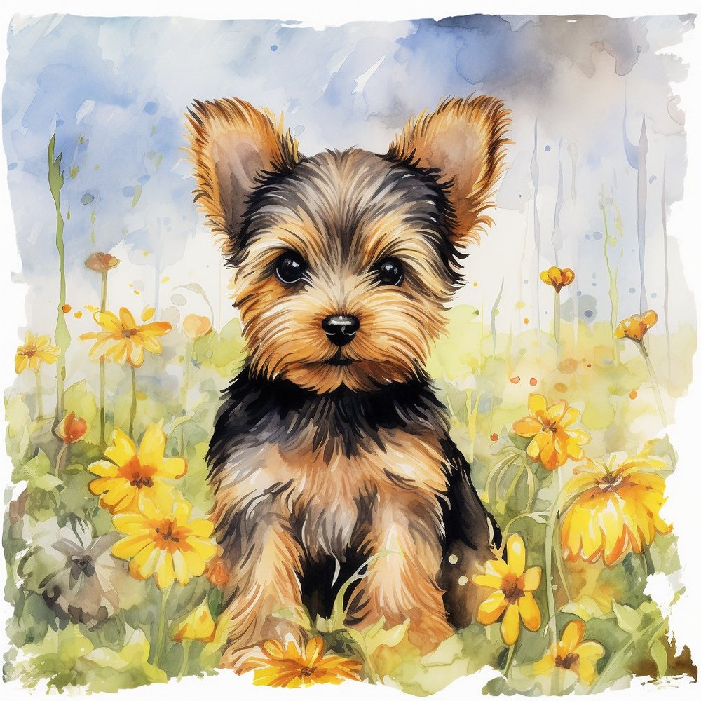 Yorkie Puppy In Wildflower Field
