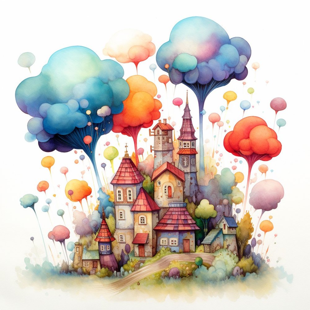 Whimsical Castle with Colorful Clouds