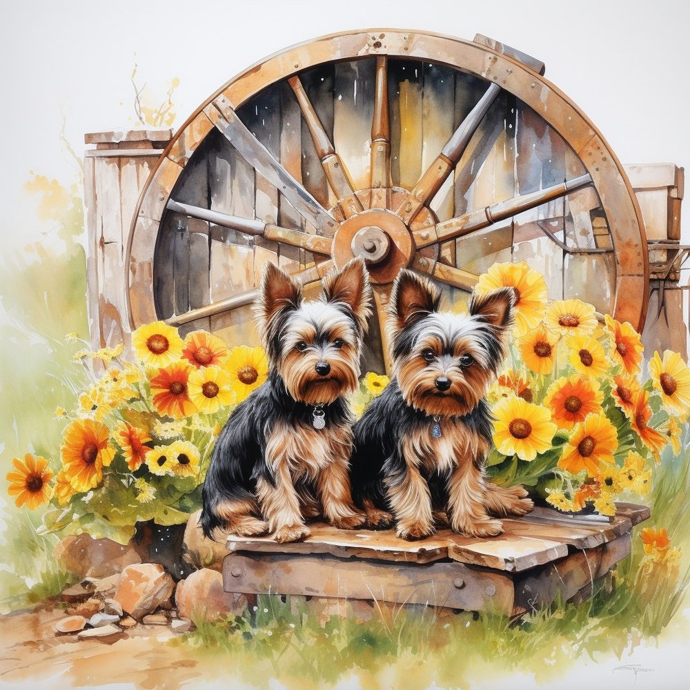Two Yorkies With Sunflowers Barn