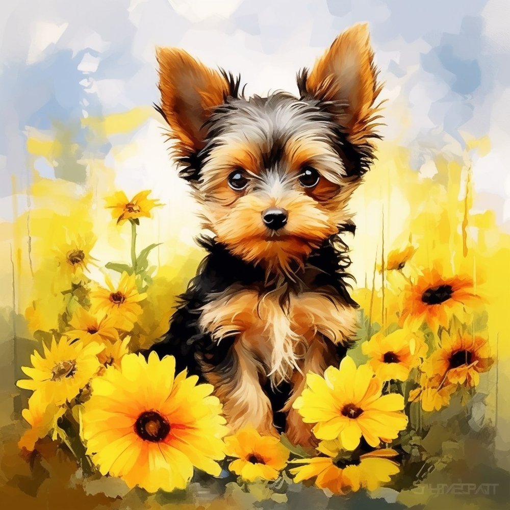 Yorkie Puppy In Sunflower Field