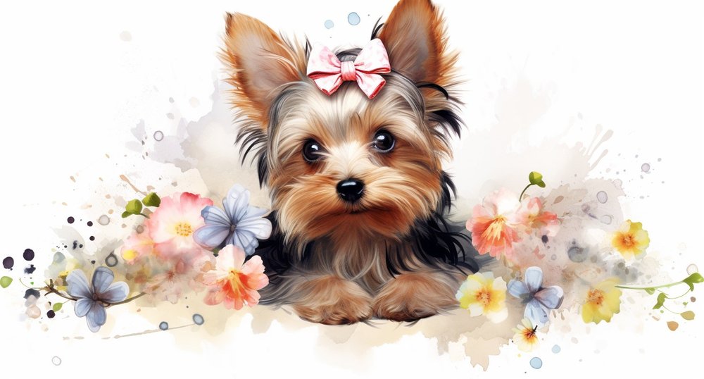 Watercolor Yorkie Puppy With Flowers