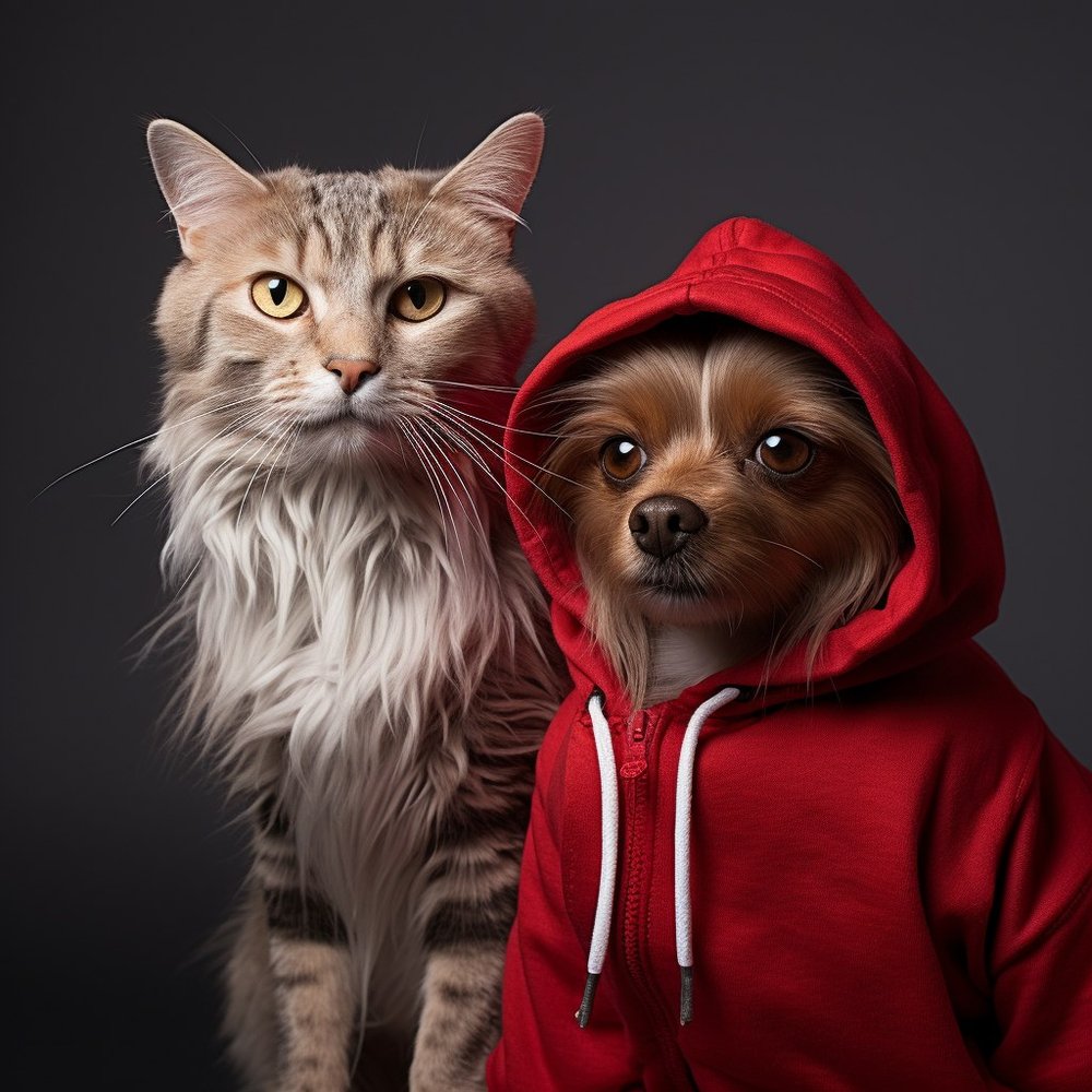 Cat and Dog Wearing Red