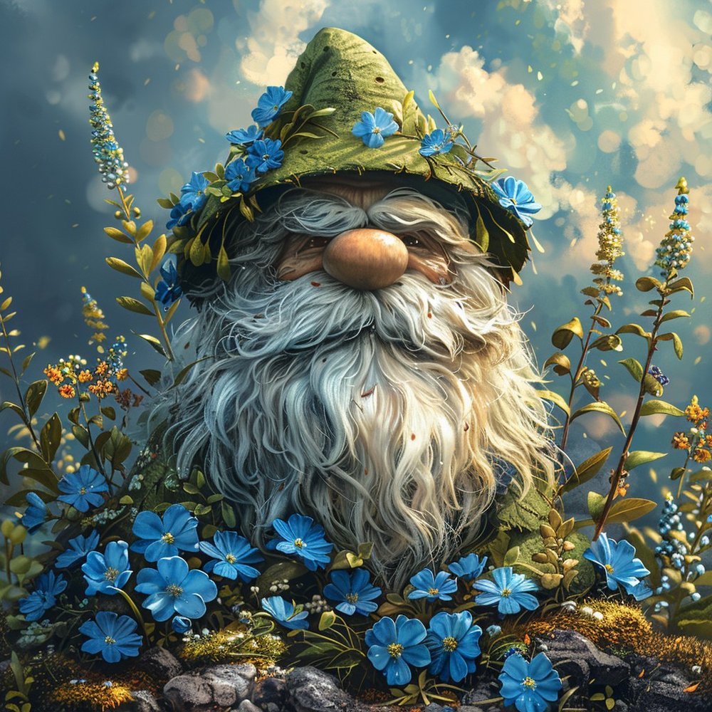 Garden Gnome With Blue Flowers