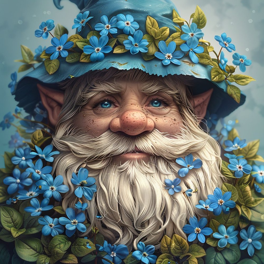 Whimsical Gnome With Blue Flowers