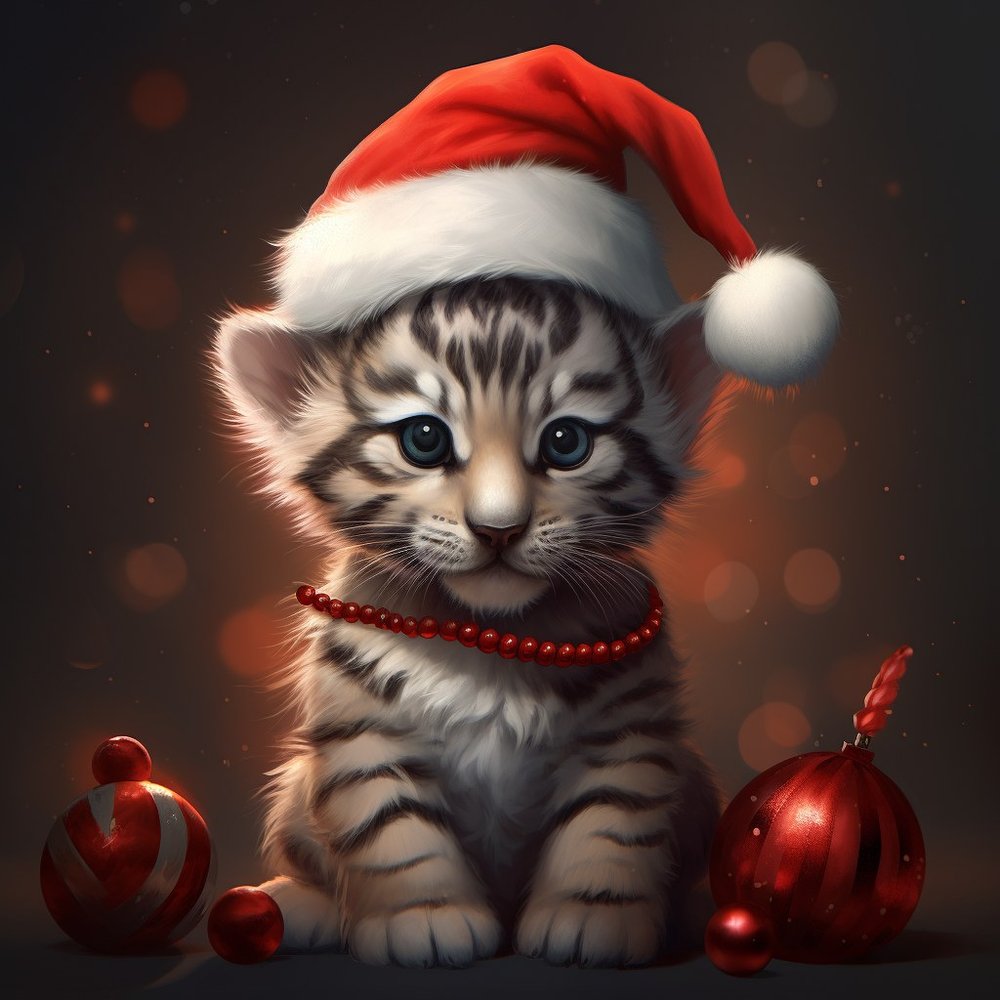 Christmas Tiger Cub Portrait — Black Digital Art