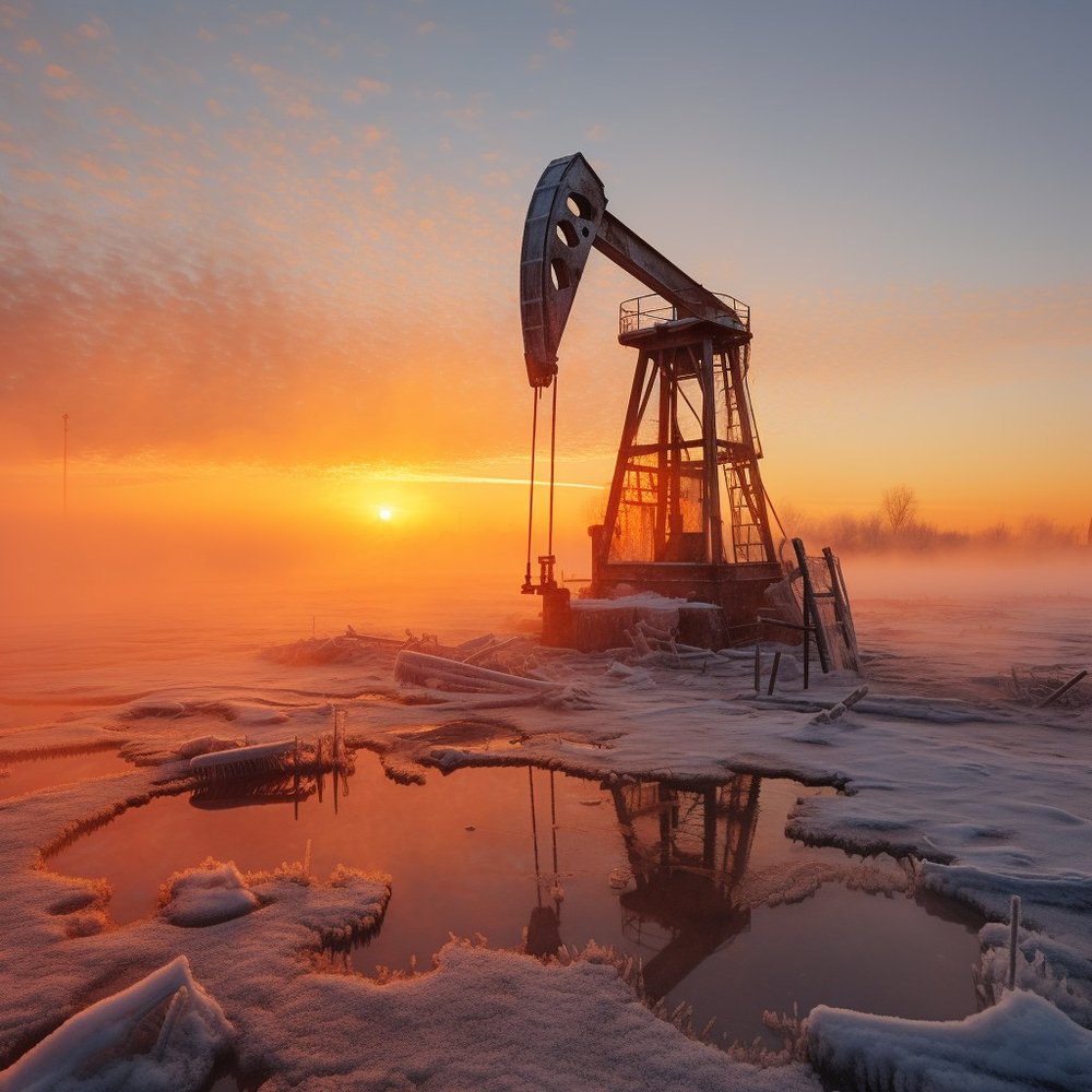 Oil Pumpjack Winter Sunset