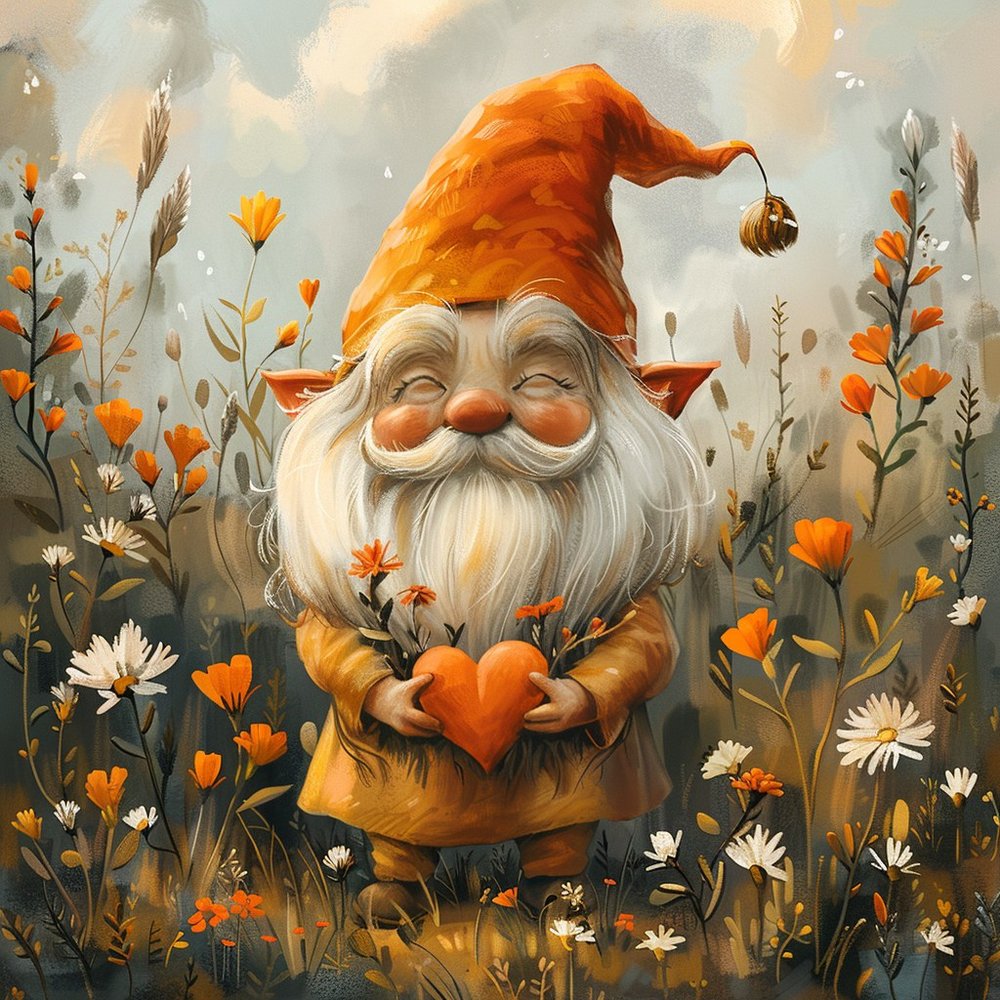 Garden Gnome with Orange Heart