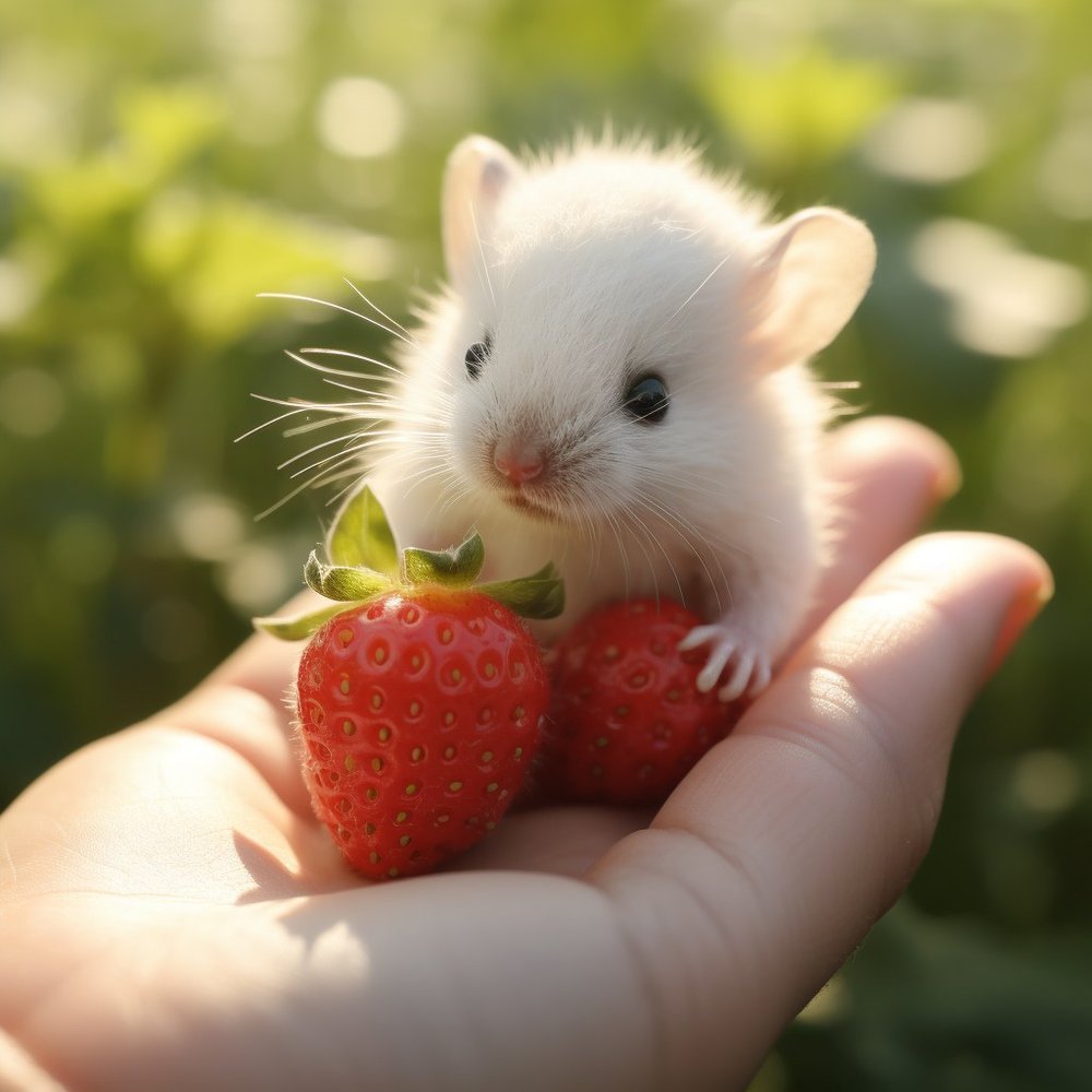 Cute White Hamster With Strawberry