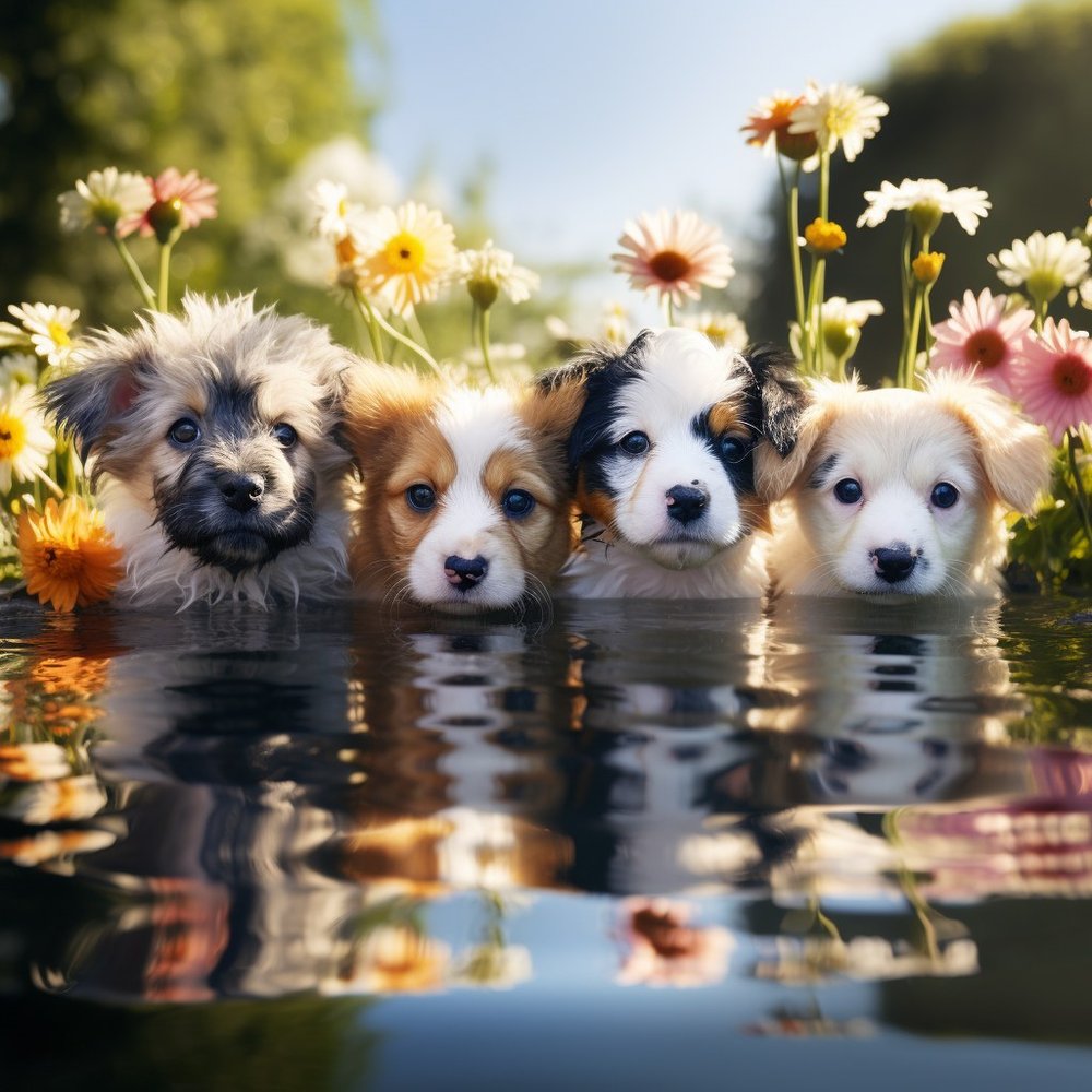 Puppies in Wildflower Field