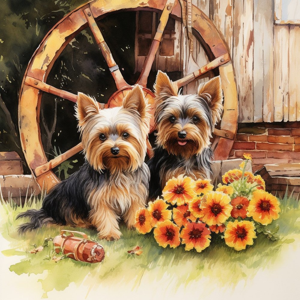 Yorkshire Terriers Garden Barn Scene