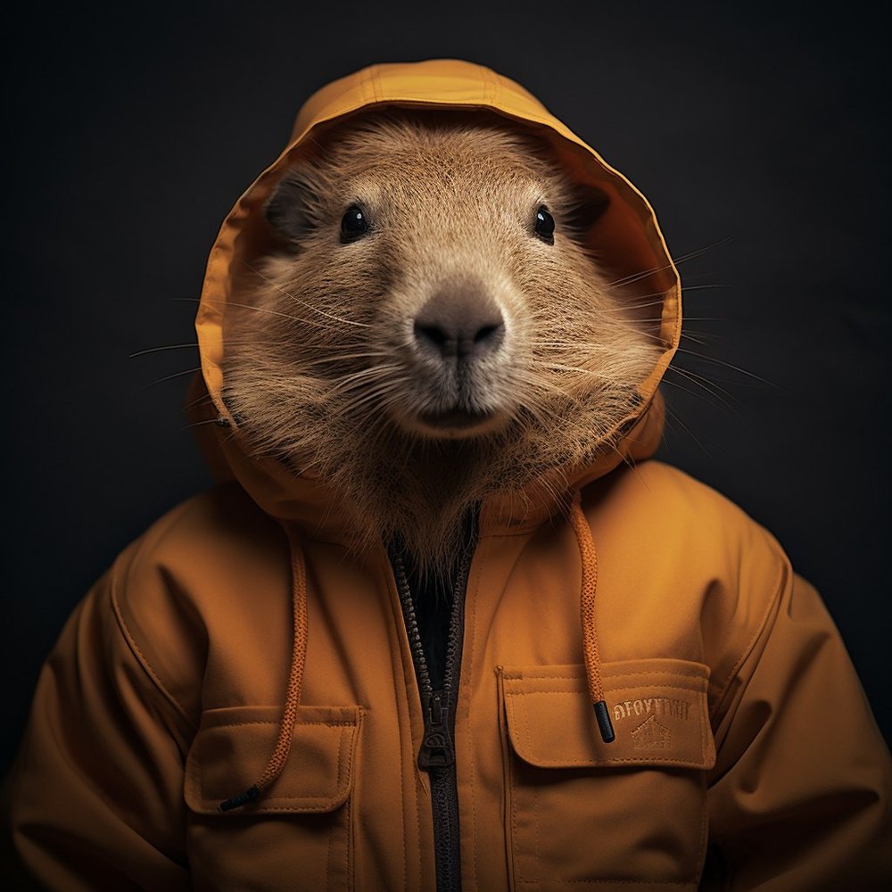 Capybara In Orange Jacket — Black Photorealistic