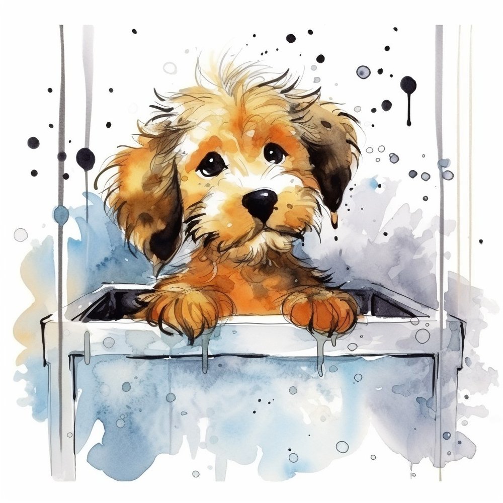 Puppy in Bath Watercolor