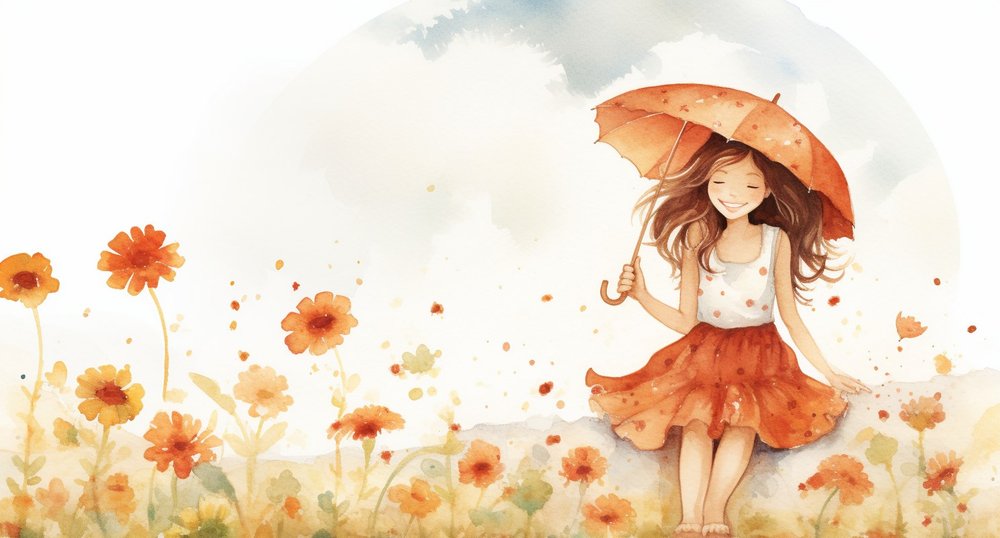 Girl With Umbrella In Flower Field
