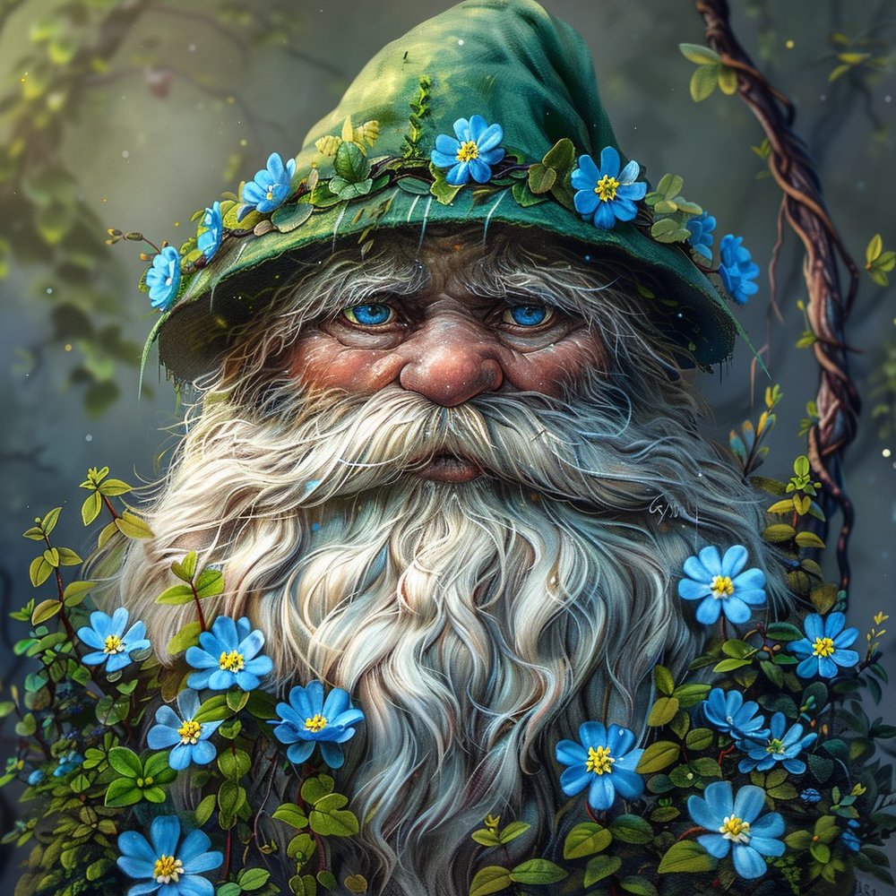 Forest Gnome With Blue Flowers