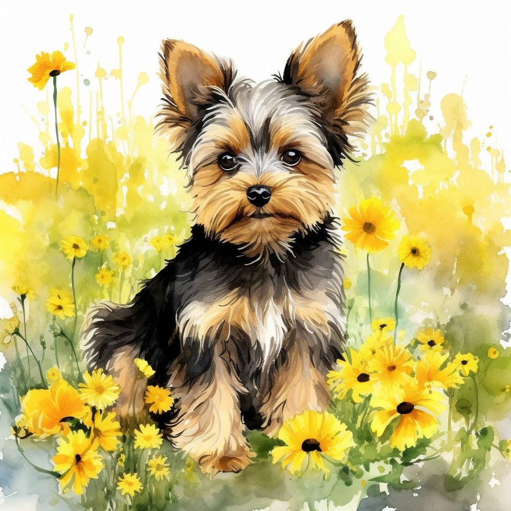 Yorkie Puppy Yellow Wildflower Field