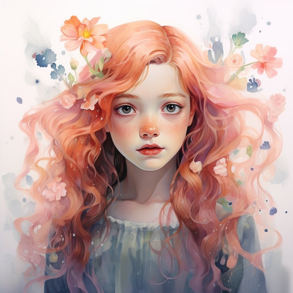 Girl with Flowing Coral Hair and Flowers