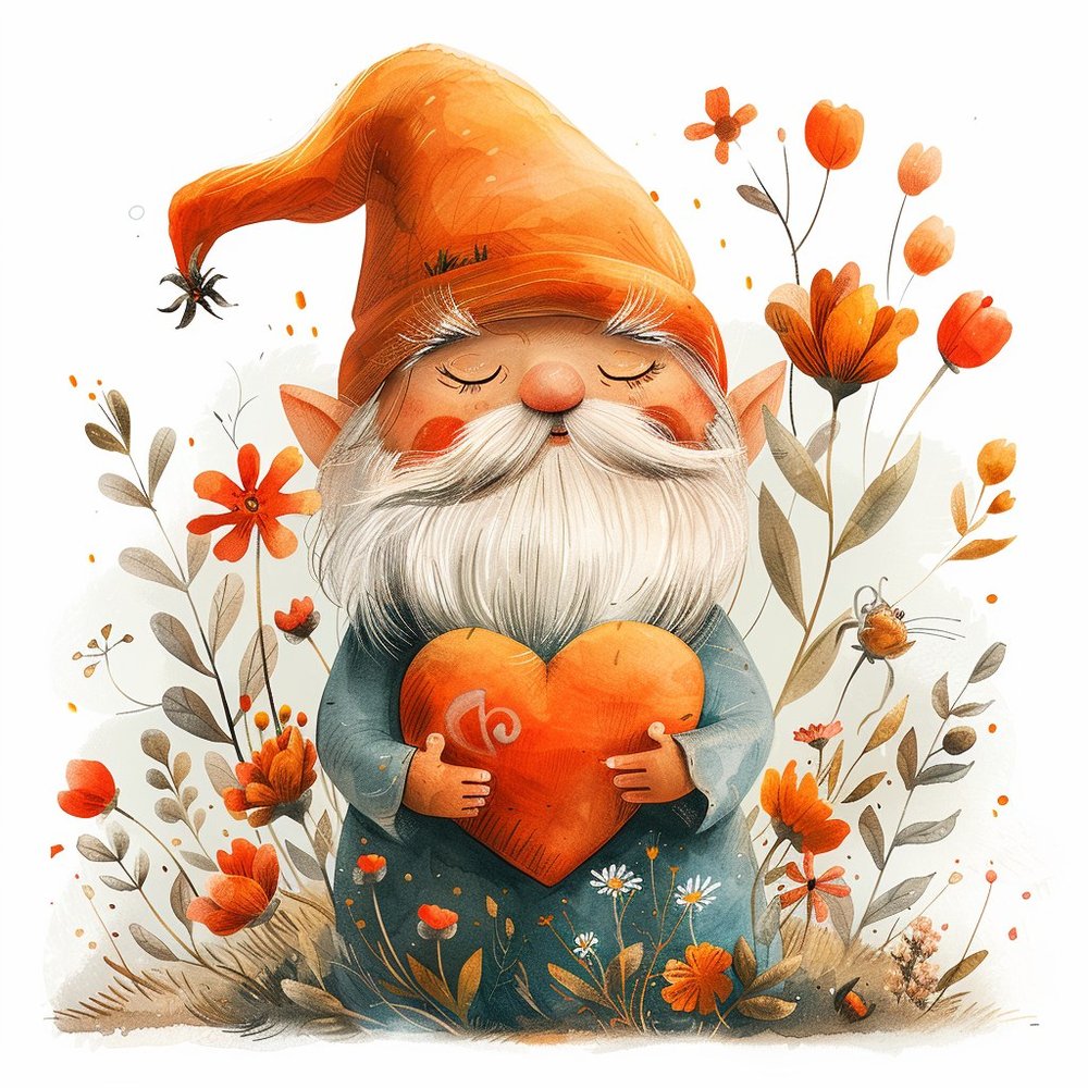 Autumn Gnome With Heart And Flowers
