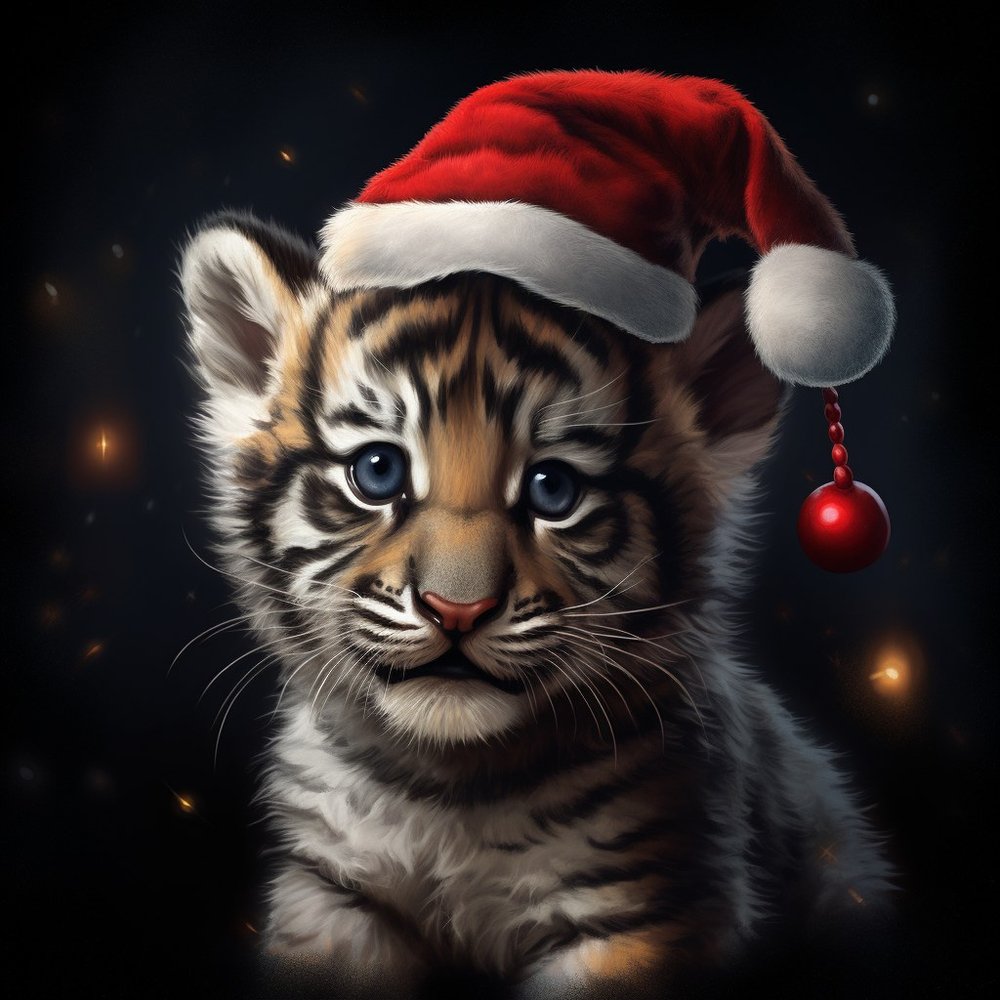 Christmas Tiger Cub Portrait — Black Photorealistic