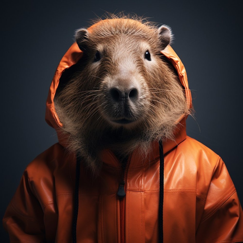 Capybara in Orange Jacket — Black Photorealistic 2