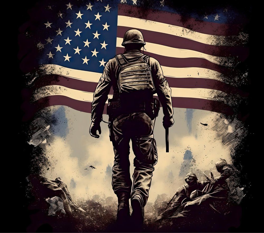 Patriotic Soldier American Flag — Black Distressed