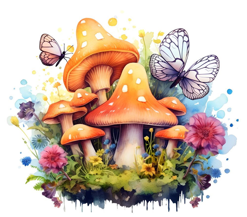 Whimsical Mushroom Garden with Butterflies